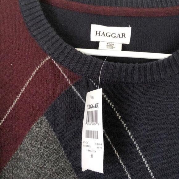 NWT Haggar Mens Argyle Long Sleeve Knit Sweater Size M Navy/Burgundy/Gray - Picture 5 of 6